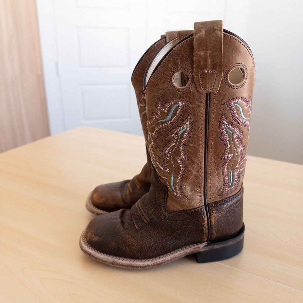 Old West Kids Cowboy Boots 9.5 D Brown Leather Western Stitch Country Farm Rodeo